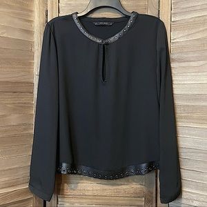 Zara Black Long Sleeve Top with Faux Leather Trim and Silver Studs, Large, NWT